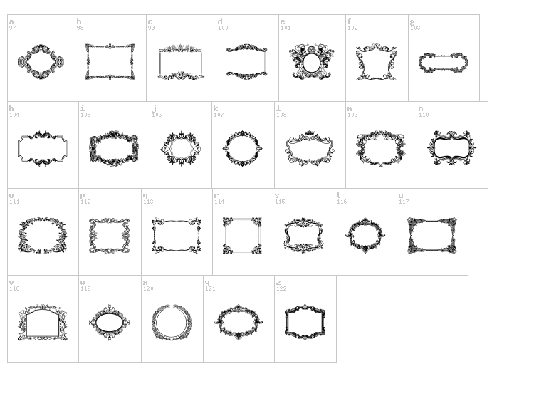 Vintage Frames font map